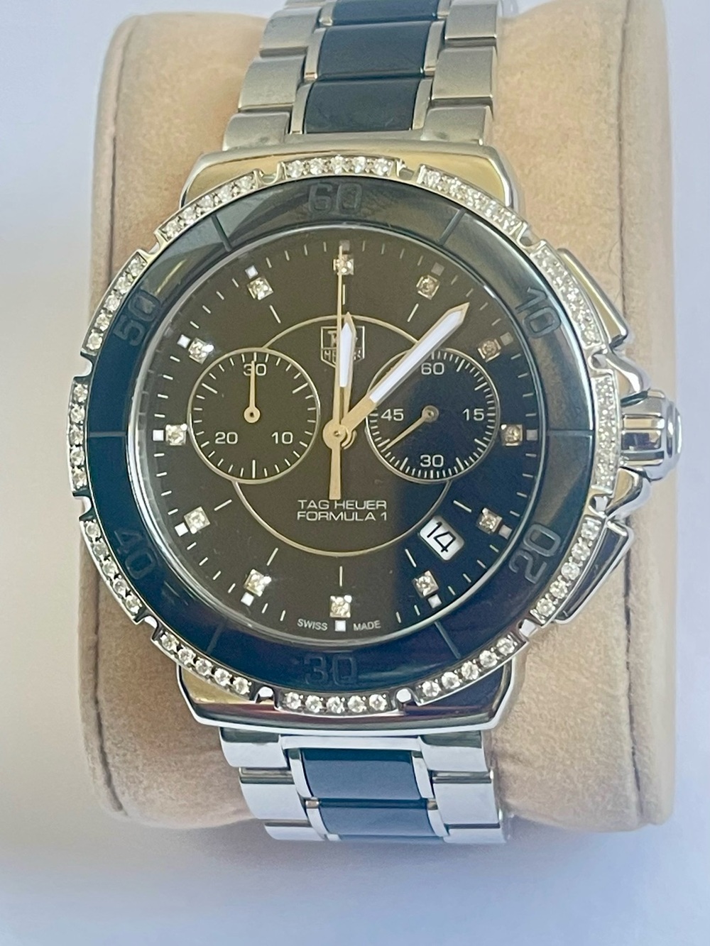 Tag Heuer Black Dial Stainless Steel Watch with Diamond Bezel